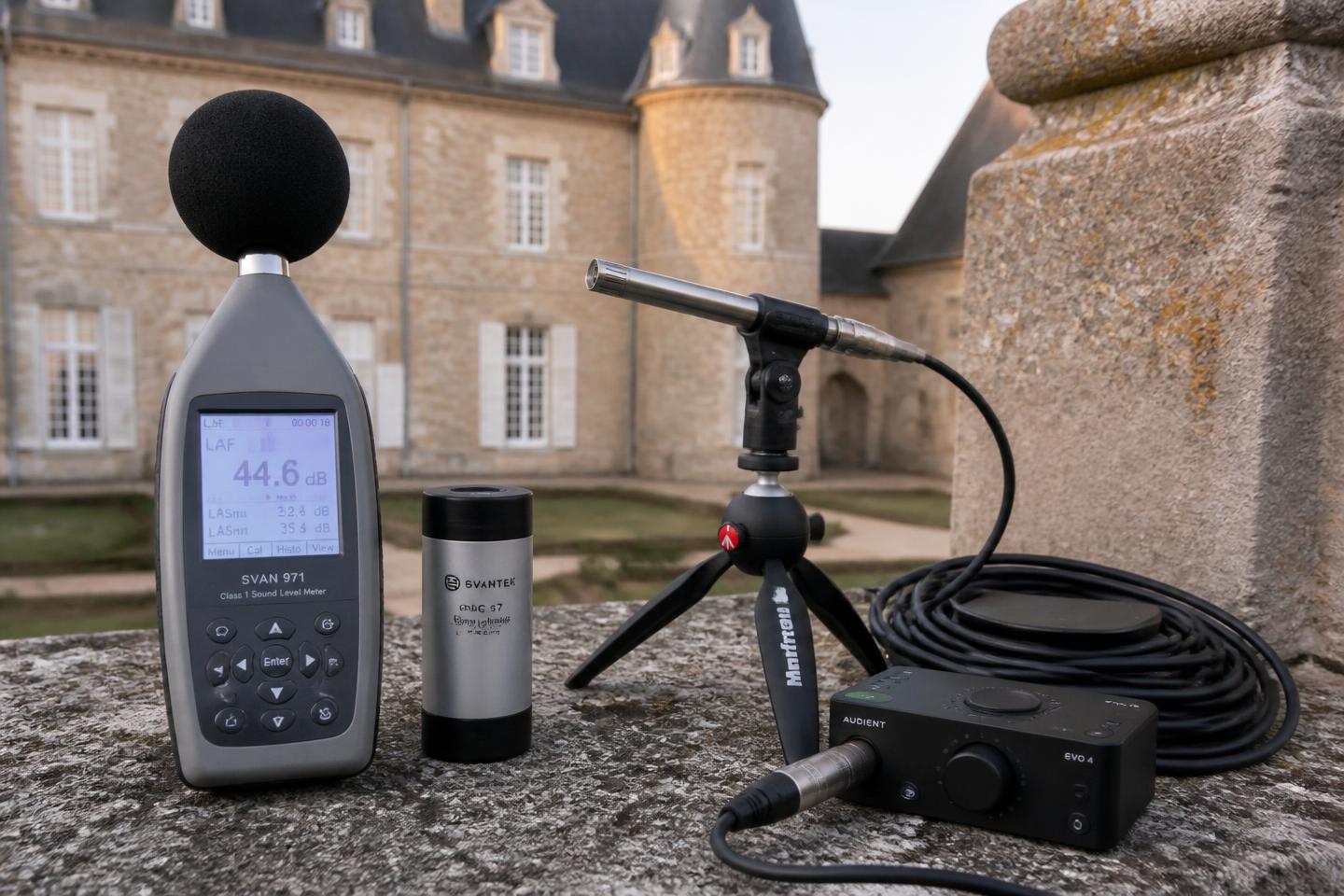 Class 1 integrating sound level meter with windscreen, acoustic calibrator, tripod-mounted measurement microphone and audio interface on a stone ledge