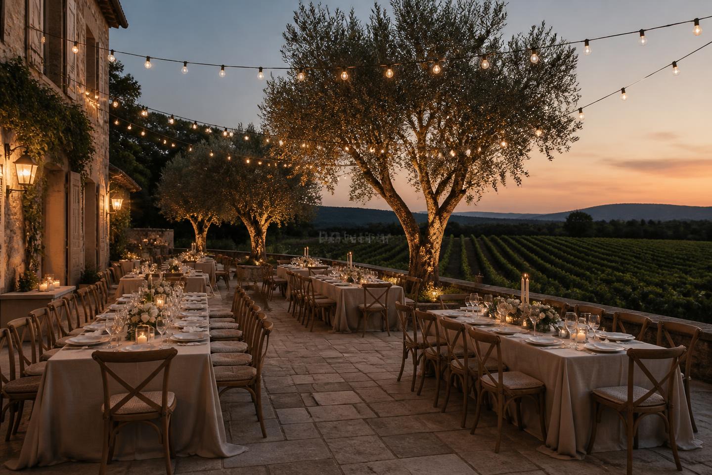 Empty candlelit dining terrace at a Provençal domaine at dusk, olive trees and vineyard rows beyond