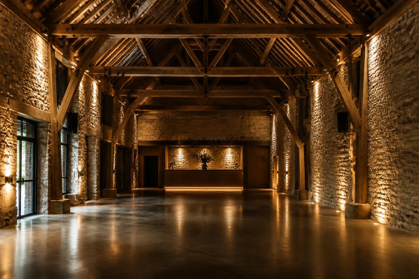 Restored stone barn with oak trusses and discreetly mounted speakers, prepared as a wedding party space