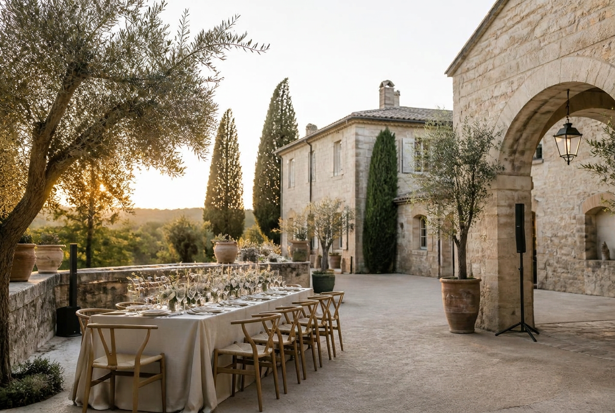 Stone terrace of a Provençal domaine set for a wedding dinner at golden hour
